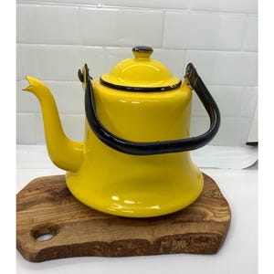 Vintage Yellow and Black Enamel Teapot From Japan