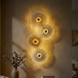 Glass Wall Sconce Gold Lotus Leaf Lamp, Mid Century Modern Art Deco Lighting, Textured Brass Wall Light, Unique Living Room Statement Decor