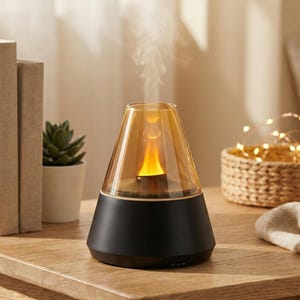 Peut inclure: Un diffuseur d'huiles essentielles noir et doré avec un dessus en verre conique. Le diffuseur émet de la vapeur. Une petite plante succulente dans un pot blanc et un panier tressé avec des guirlandes lumineuses sont en arrière-plan.