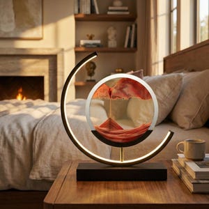 K&ouml;nnte beinhalten: Dekorative Sandkunstlampe mit kreisf&ouml;rmiger Glasanzeige. Der Sand ist rot und orange, und die Lampe hat einen schwarzen Sockel und einen gebogenen, beleuchteten Rahmen. Die Lampe steht auf einem Nachttisch aus Holz.