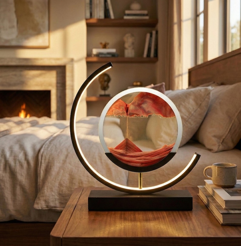 K&ouml;nnte beinhalten: Dekorative Sandkunstlampe mit kreisf&ouml;rmiger Glasanzeige. Der Sand ist rot und orange, und die Lampe hat einen schwarzen Sockel und einen gebogenen, beleuchteten Rahmen. Die Lampe steht auf einem Nachttisch aus Holz.