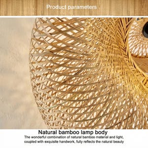 May include: A natural bamboo lamp shade, intricately woven with a light brown hue. The design features a repeating pattern. The text "Product parameters" is at the top, and "Natural bamboo lamp body" is at the bottom.