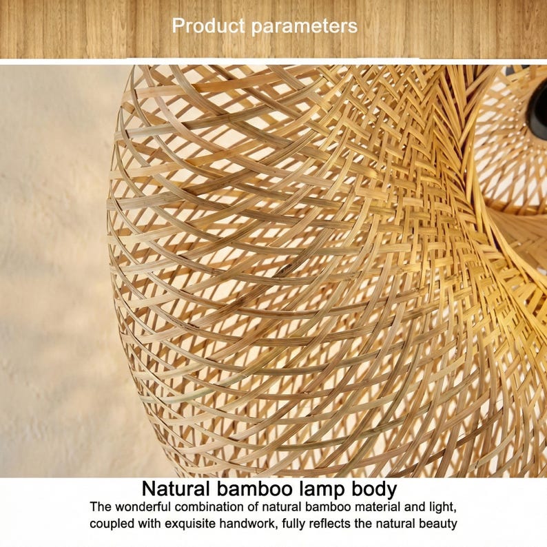 May include: A natural bamboo lamp shade, intricately woven with a light brown hue. The design features a repeating pattern. The text "Product parameters" is at the top, and "Natural bamboo lamp body" is at the bottom.