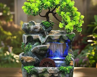 Zen Bonsai Water Fountain with LED, Spinning Wheel - Indoor Waterfall for Good Luck , Wealth - Feng Shui Desk Decor Meditation Gift