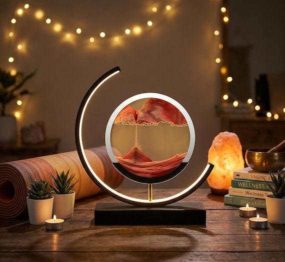 Kinetic Sand Art Lamp, Zen Desk Decor & Moving Sandscape Light. 3D Hourglass Night Light, Sensory Anxiety Relief Gift for Her, Office Decor