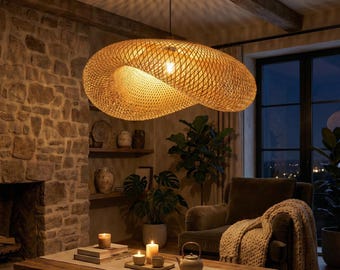 Lámpara colgante de bambú Wabi Sabi, lámpara de araña de ratán, lámpara de techo Japandi, lámpara colgante zen, decoración de comedor boho, lámpara de malla orgánica