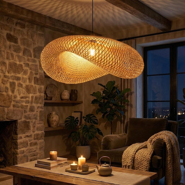 Wabi Sabi Bamboo Pendant Light, Rattan Chandelier, Japandi Ceiling Lamp, Zen Hanging Fixture, Boho Dining Room Decor, Organic Mesh Light
