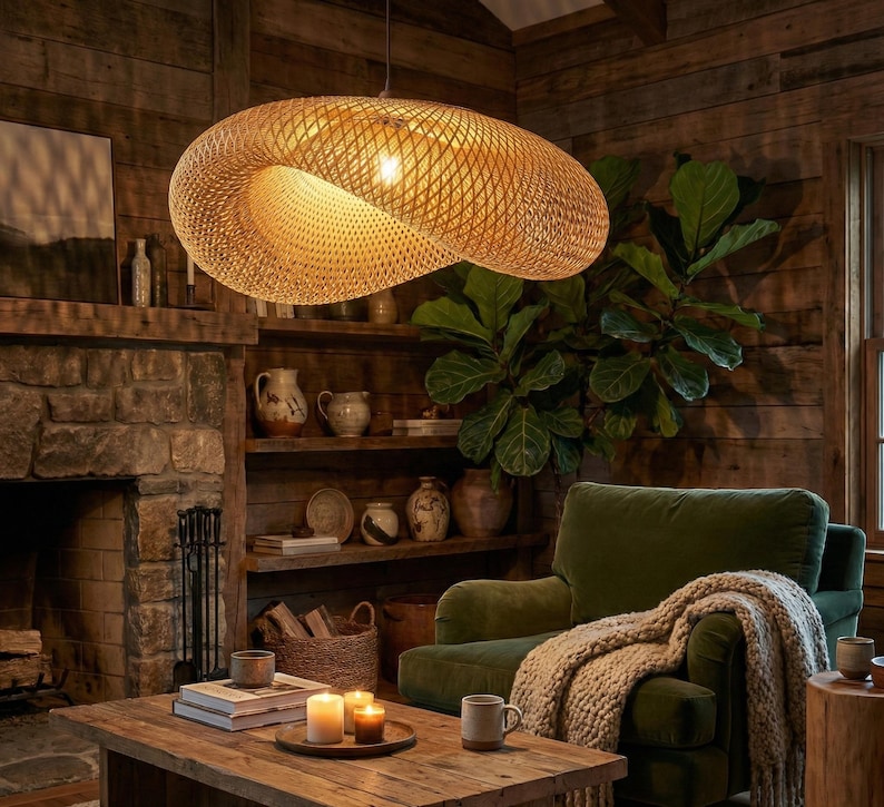 May include: A woven, spiral-shaped pendant light fitting hangs from the ceiling. The light is made of a natural, light brown material and illuminates a cosy living room with a green armchair, wooden coffee table, and a stone fireplace.