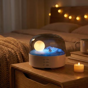 May include: A night light with a moon and sailboat scene inside a clear dome. The base is white with control buttons. A lit candle and a mug sit on a wooden bedside table. The scene is illuminated.