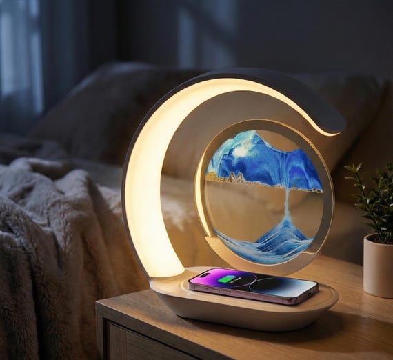 Moving Sand Art Lamp, LED Sandscape Table Lamp, Wireless Charger Station, Deep Sea Sand Art Desk Decor, Relaxing Zen Gift, Night Light Lamp