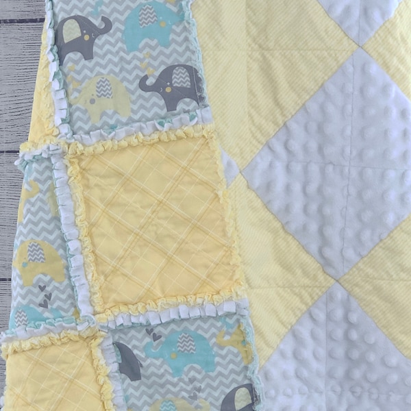 Elephant Baby Quilt | Flannel & Minky Rag-Style Quilt for Baby |