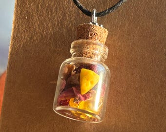 Hand-Sculpted Cheese Charm Bottle Pendant Necklace, Crystal Chips, Dried Rose