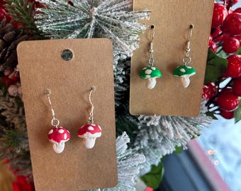 Handmade Polymer Clay Mushroom Dangle Earrings, Hypoallergenic Hooks