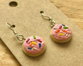 Handmade Pink Frosted Sugar Cookie Dangle Earrings (Made-to-Order), Polymer Clay Food Jewelry
