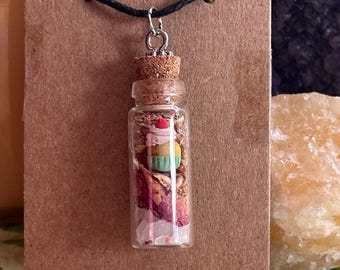 Cupcake Charm (Handmade) Bottle Pendant Necklace, Rose Quartz, Dried Rose