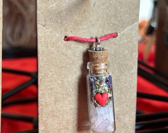 Hand-Sculpted Heart Charm Bottle Pendant Necklace, Rose Quartz, Dried Violets