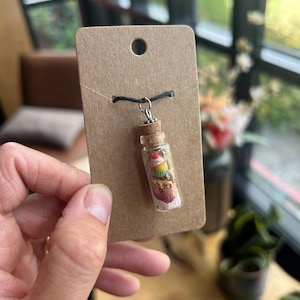 Cupcake Bottle Charm, Tiny Pendant Necklace with Rose Quartz Chips and Rose Petals, Hand Sculpted Polymer Clay Jewelry