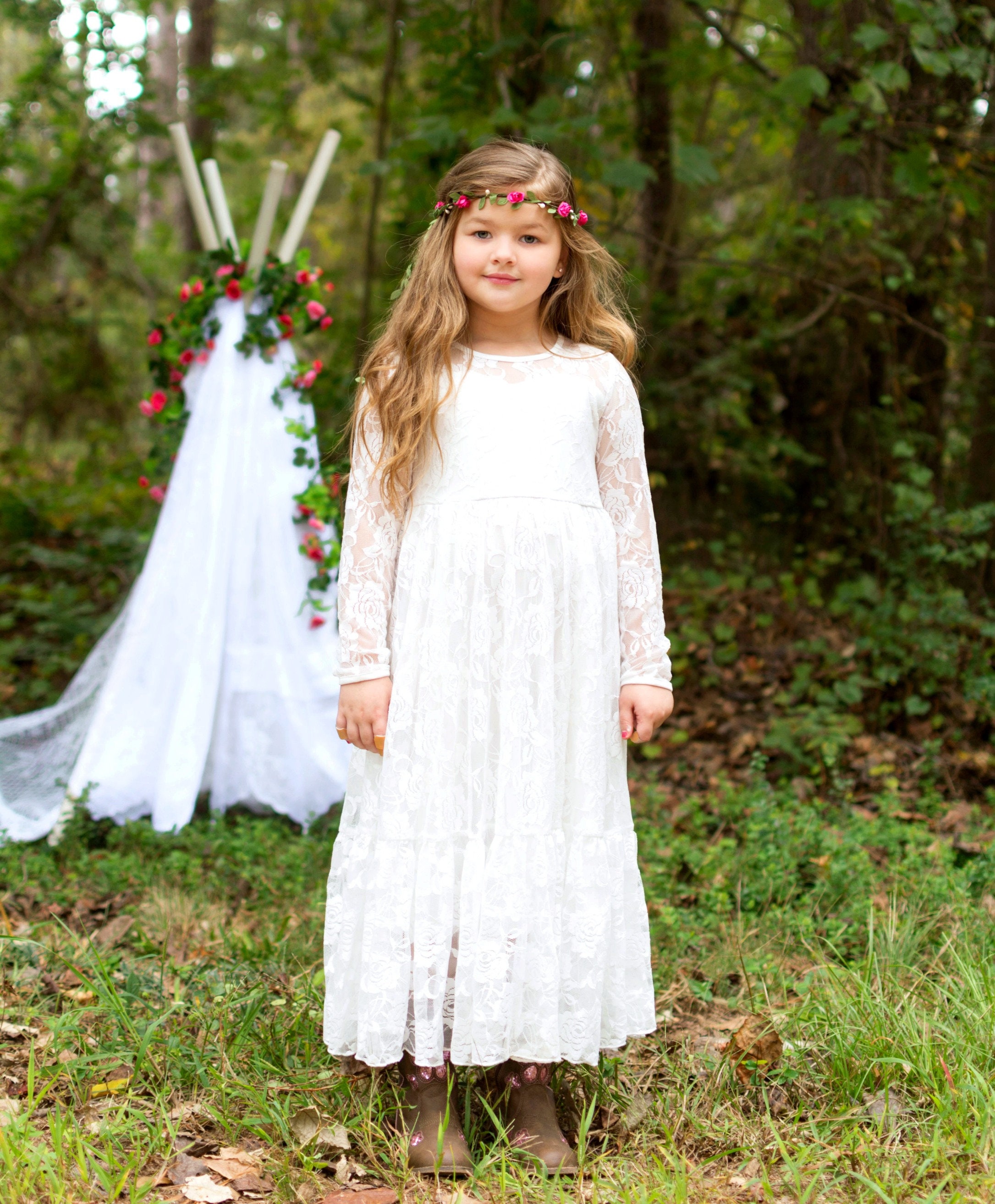 White Lace Flower Girl Dress Rustic Flower Girl Long Sleeve | Etsy