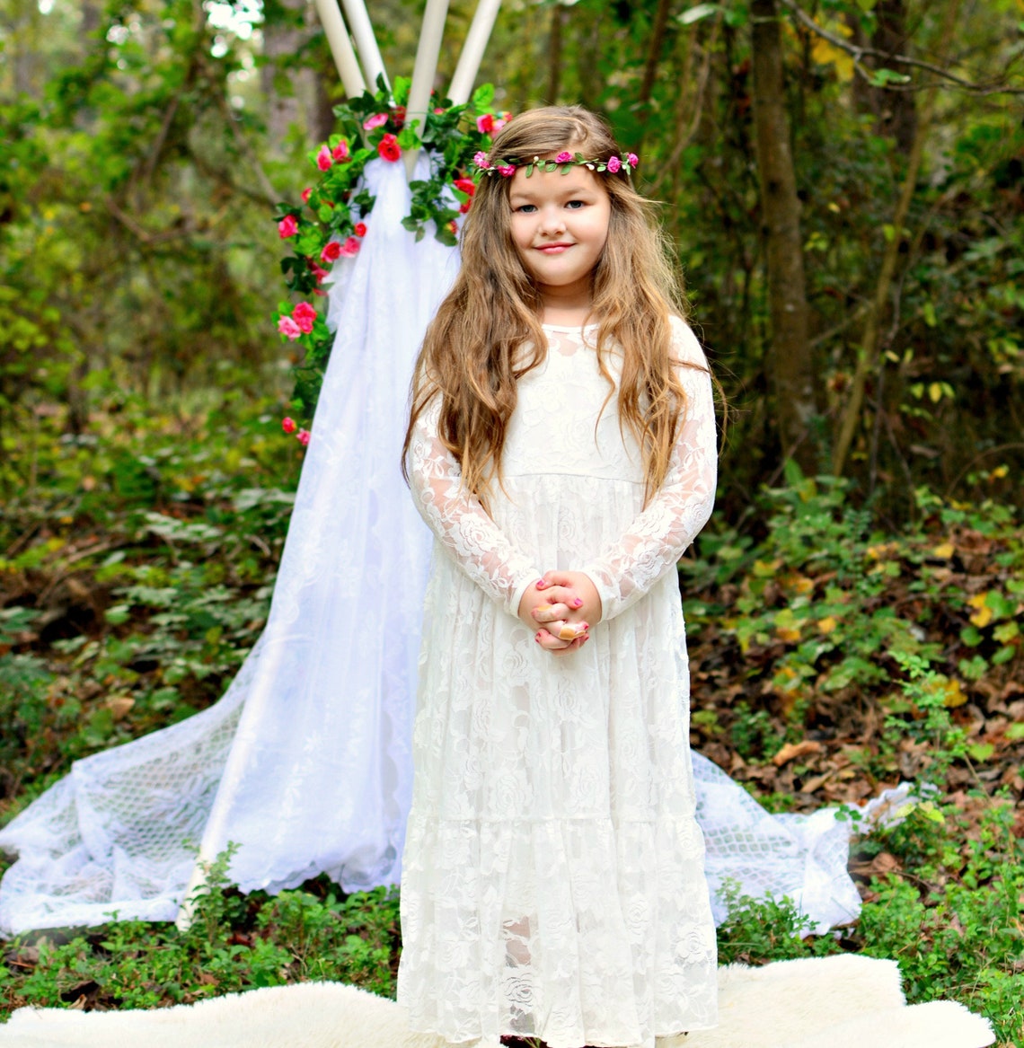 White Lace Flower Girl Dress Rustic Flower Girl Long Sleeve | Etsy