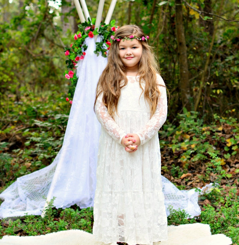 White Lace Flower Girl Dress Rustic Flower Girl Long Sleeve | Etsy