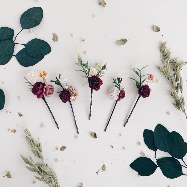 Flower Hair Pins Burgundy Flower Hair Pins Bridal Hair Etsy