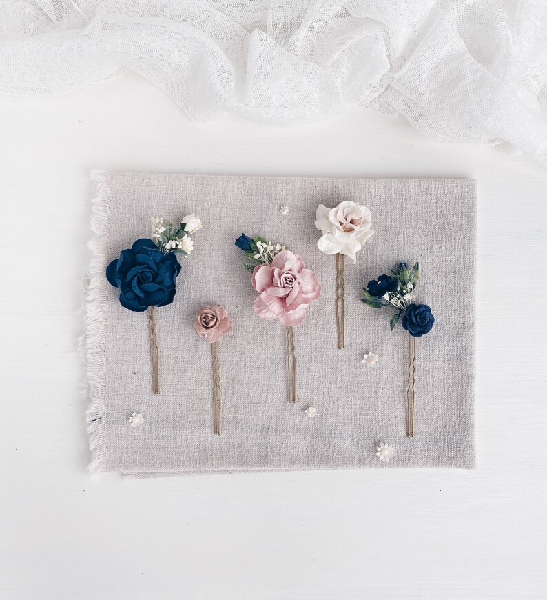 Flower Hair Pins Blush Flower Hair Pins Navy Wedding Flower Etsy