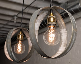 Rustic Metal Pendant Light - Made from Reclaimed Wine Barrels