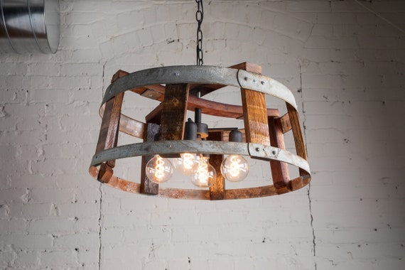 Rustic Wine Barrel Wood Chandelier Lighting: 4-Bulb Upcycled Lighting