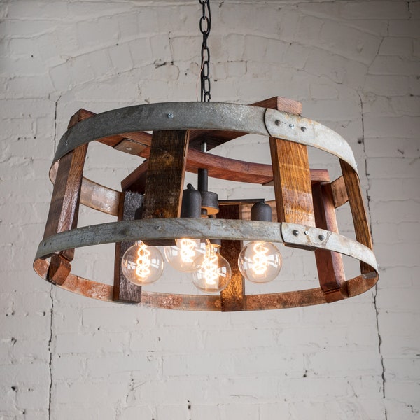 Rustic Wine Barrel Wood Chandelier Lighting: 4-Bulb Upcycled Lighting