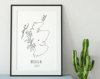 Personalised Map of Scotland Print - Scottish Gifts - Scotland Poster - Engagement Gift - Scottish Wedding gift