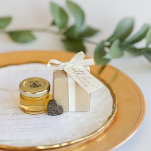 Pressed Tea Hearts & Mini Honey Jars in Personalized Boxes | Wedding Baby or Bridal Shower Favours | Local Canadian Honey | Set of 15