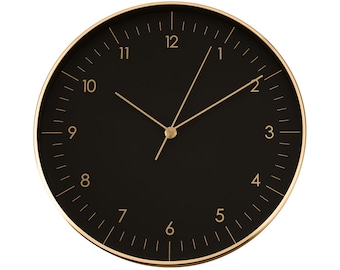 May include: A black clock with gold accents and Roman numeral markings. The clock hands are gold and point to the time of 1:55.