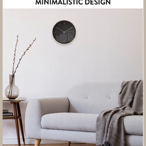 Moderne, stille wandklok zonder tikken met secondewijzer, minimalistische decoratie, design kwartswandklok, bewegend geschenk, zwart en goud afbeelding 4