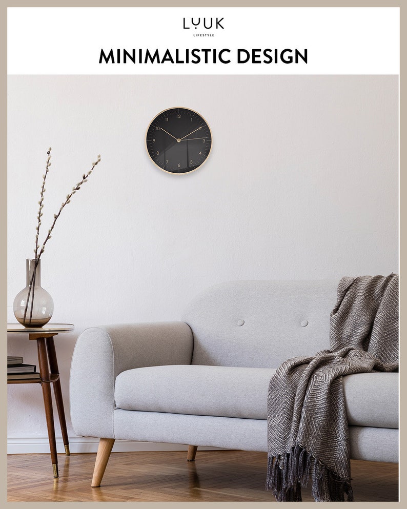 Moderne, stille wandklok zonder tikken met secondewijzer, minimalistische decoratie, design kwartswandklok, bewegend geschenk, zwart en goud afbeelding 4