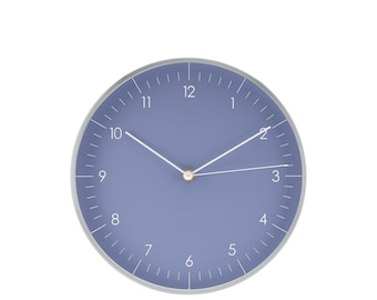 Silent wall clock in Scandinavian design, high-quality quartz movement, easy-to-read dial, kitchen clock, living room clock, light blue, silver