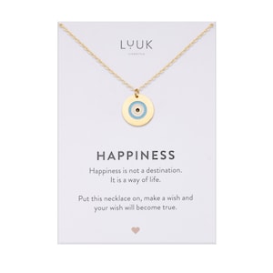 Colar de filigrana com pingente Evil Eye I Eyes I Coin Nazar I em aço inoxidável, corrente de proteção com cartão dizendo felicidade, moderno, ideia de presente