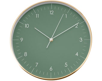 Horloge murale minimaliste à mouvement silencieux et sans tic-tac, design nordique et scandinave, vert foncé et or