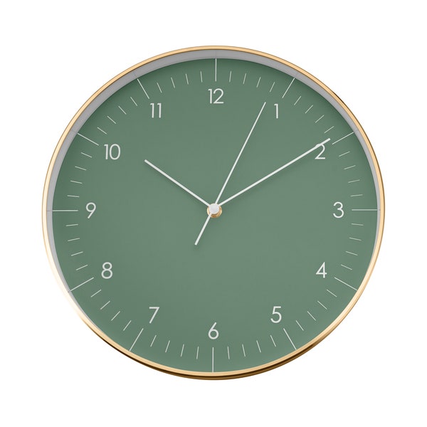 Minimalist wall clock with silent movement and no ticking, Nordic and Scandinavian design, dark green and gold