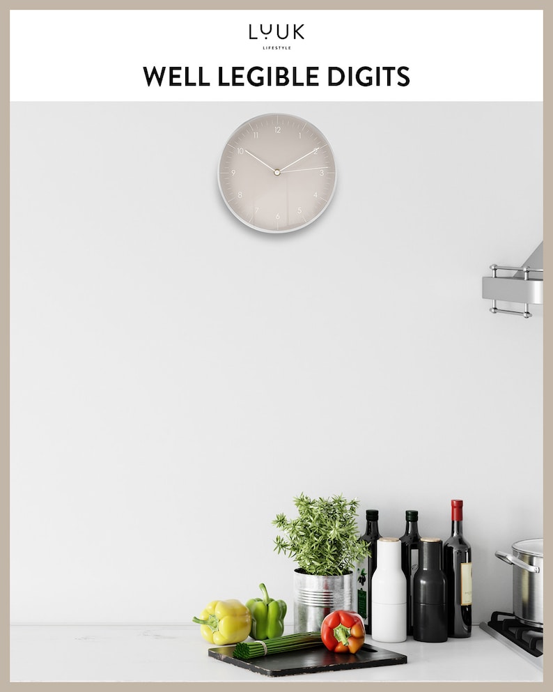 Simple, silent wall clock with time hand, wall decoration, high-quality quartz movement, timeless and modern clock, warm grey image 5