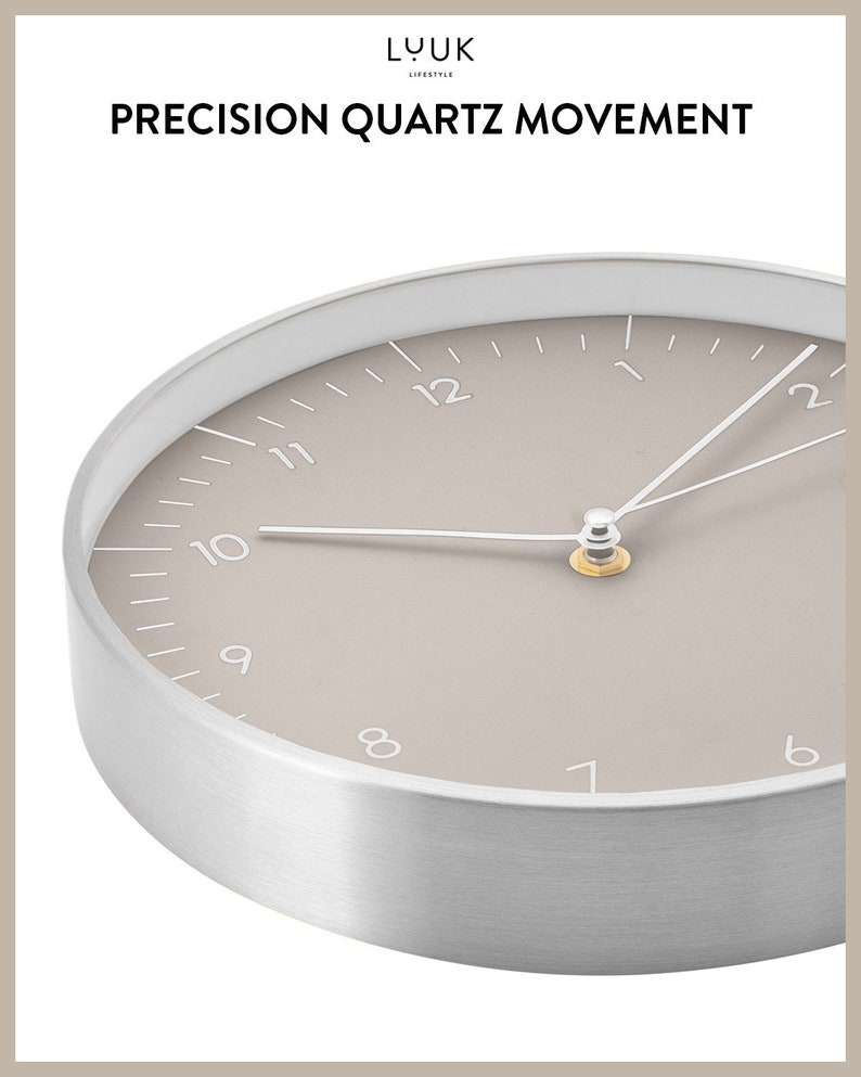Simple, silent wall clock with time hand, wall decoration, high-quality quartz movement, timeless and modern clock, warm grey image 3