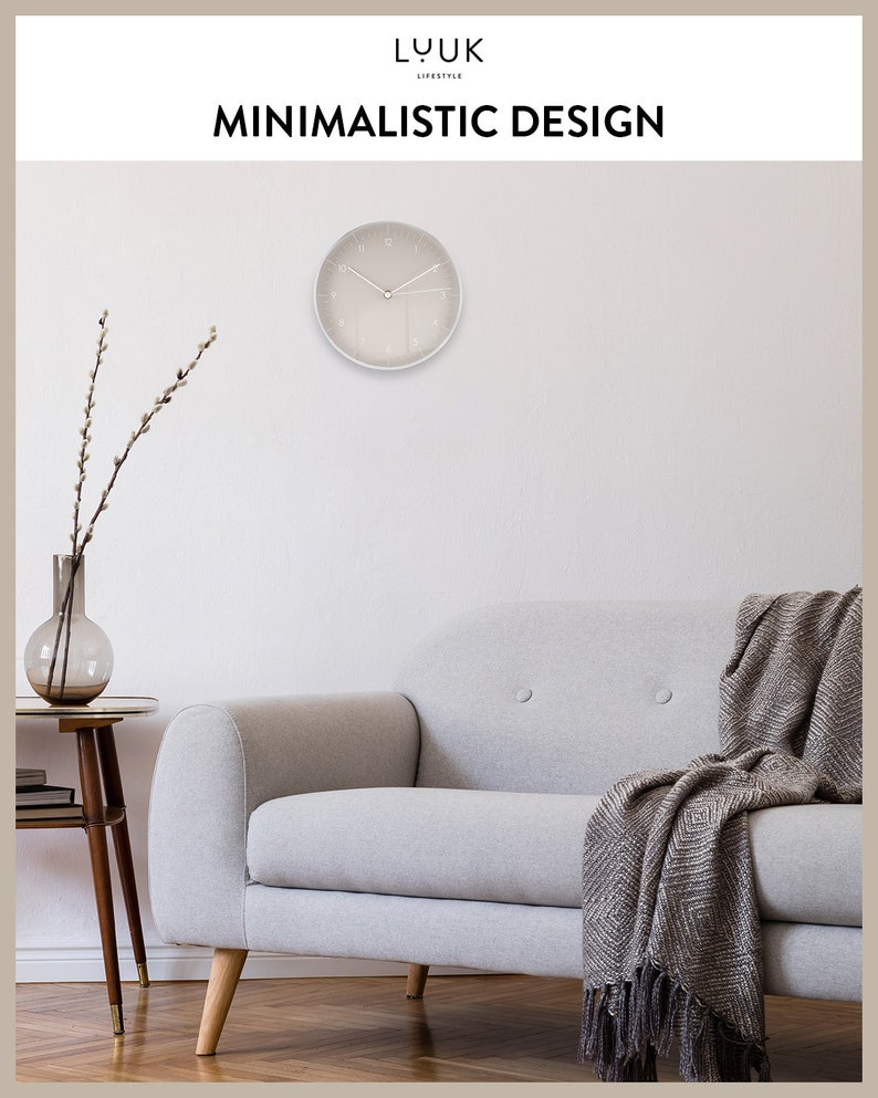 Simple, silent wall clock with time hand, wall decoration, high-quality quartz movement, timeless and modern clock, warm grey image 4