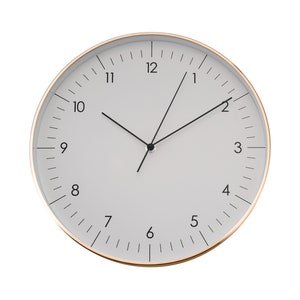 Minimalist silent wall clock, quartz movement with time hand, white, large digits, gift, modern deco, gold matt