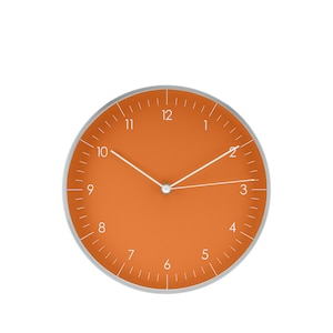 May include: A round orange clock with white numbers and silver hands. The clock face is surrounded by a silver frame.