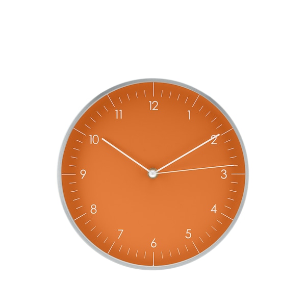 Horloge murale simple (24 cm) avec mouvement à quartz silencieux au design moderne, décoration scandinave pour la maison, orange et argent