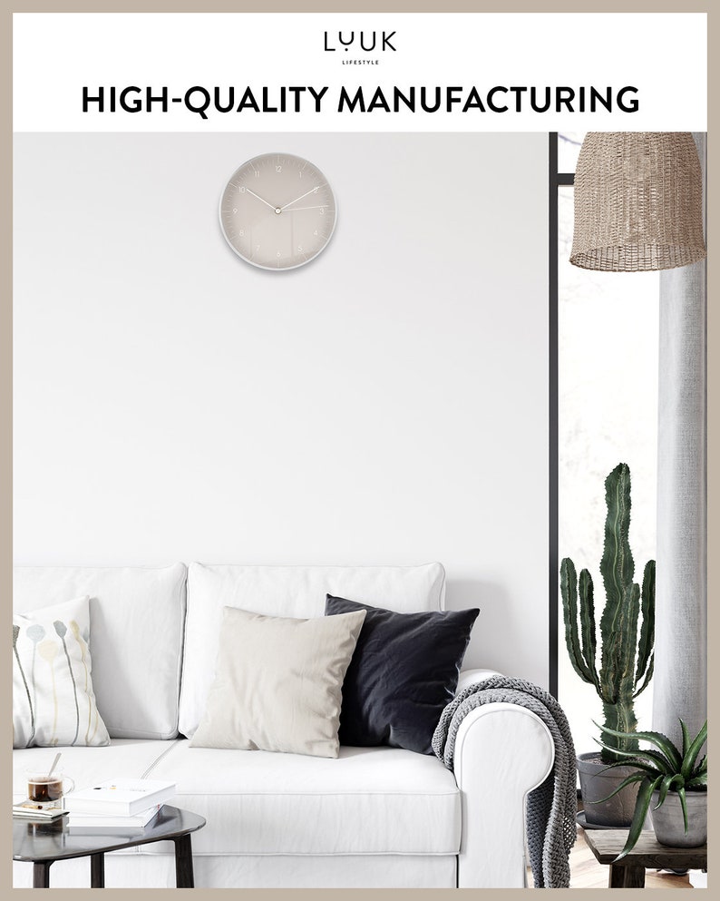 Simple, silent wall clock with time hand, wall decoration, high-quality quartz movement, timeless and modern clock, warm grey image 6