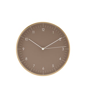 Modern wall clock with silent quartz movement in Scandinavian design without ticking, simple decoration for the home, kitchen clock, brown and gold