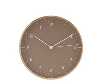 Moderne wandklok met stil kwartsuurwerk in Scandinavisch design zonder tikken, eenvoudige decoratie voor in huis, keukenklok, bruin en goud
