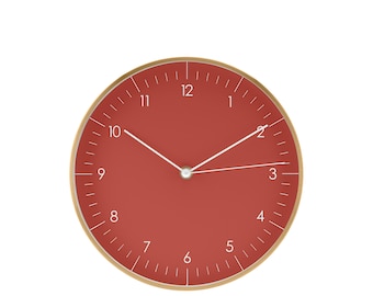 High-quality wall clock (24 cm) without ticking in Nordic design, quartz wall clock, living room, kitchen, dining room, hallway, 24 cm red and gold