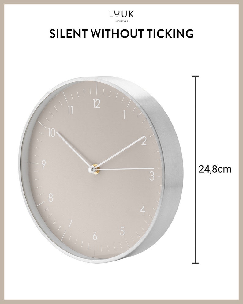 Simple, silent wall clock with time hand, wall decoration, high-quality quartz movement, timeless and modern clock, warm grey image 2