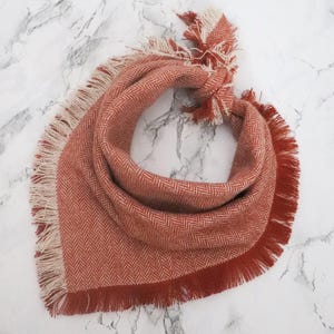 May include: A rust-colored bandana with a herringbone pattern and fringed edges. The bandana is knotted at the top and is made of a soft, woven fabric. The background is a white marble surface.